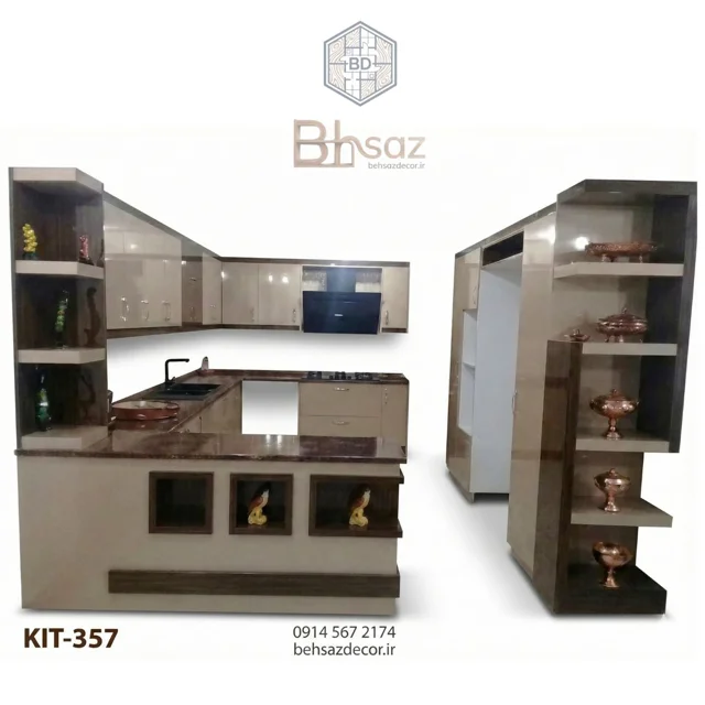 طراحی و اجرای کابینت آشپزخانه هایگلاس دو رنگ (طرح U) | پروژه KIT-357